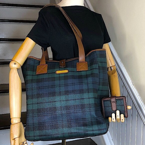 RALPH LAUREN Black Watch Waxed Leather Coated Canvas Overnight Travel Bag - Picture 3 of 17